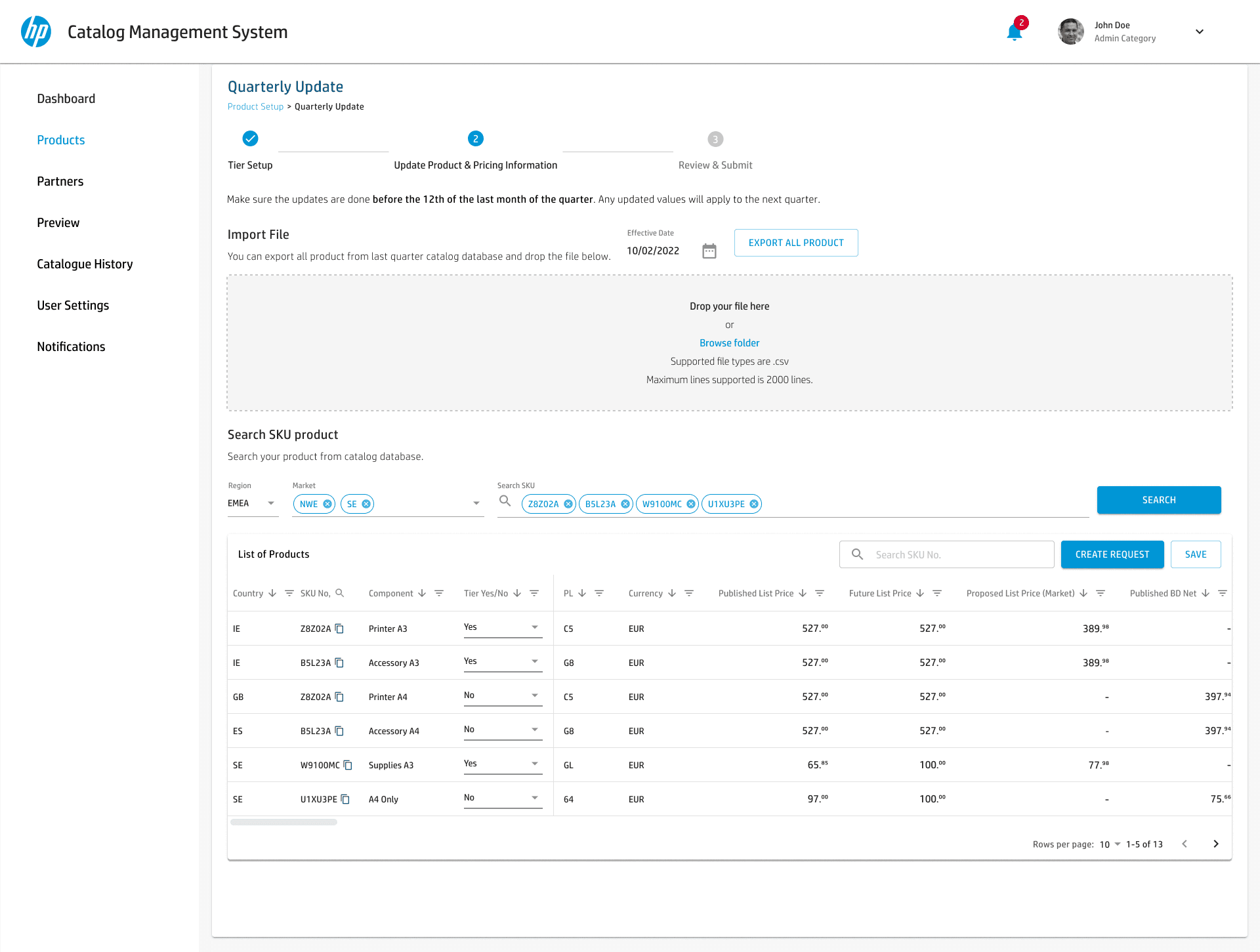 Product information is set in the Catalog Management System. A market team imports a file or searches its own SKUs, then sets prices per country. What a partner sees on a quote is whatever their market published.