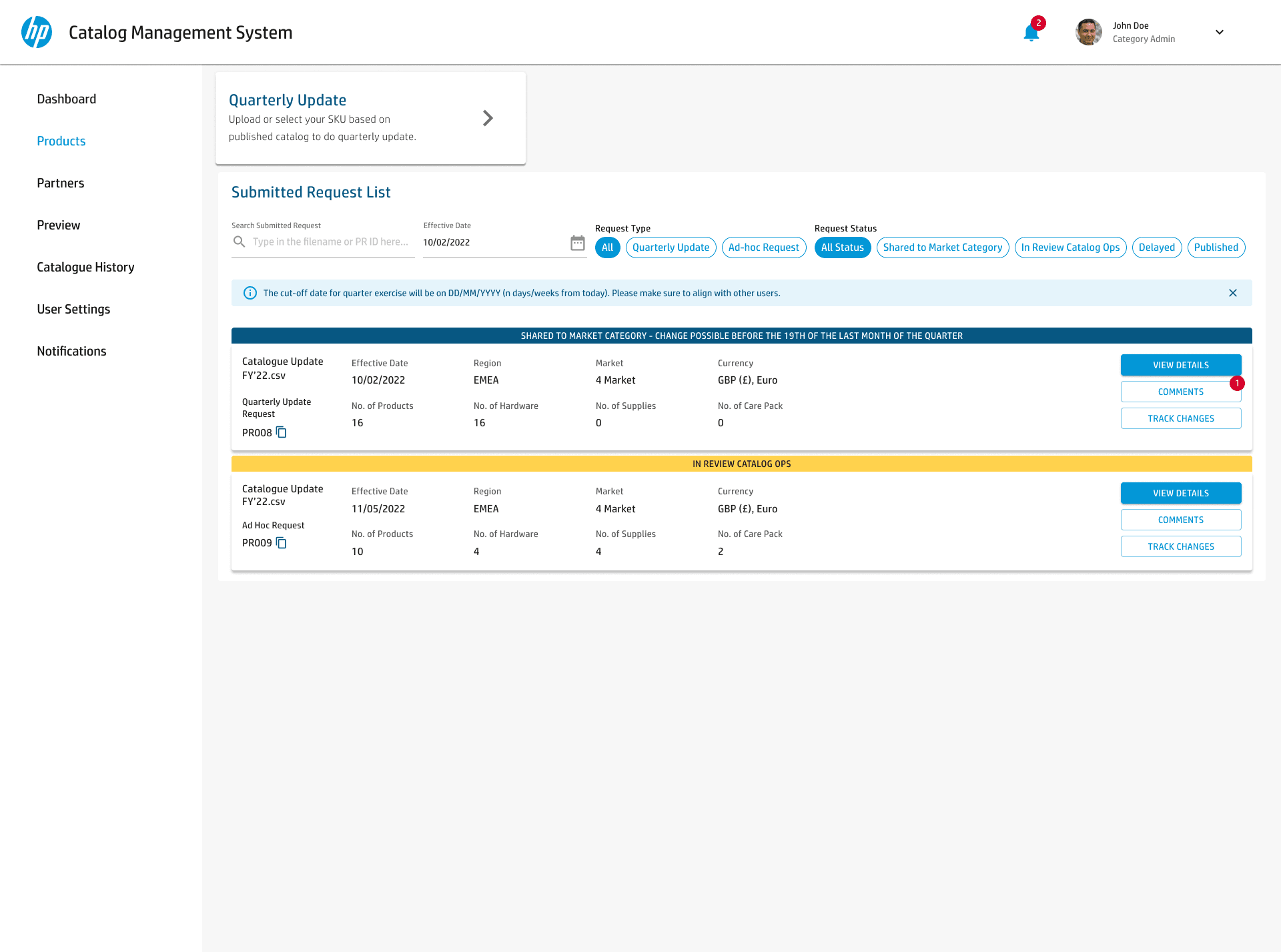 Every submitted request in one list, each carrying the state it is in: shared to market category, in review with catalog ops, delayed, published.