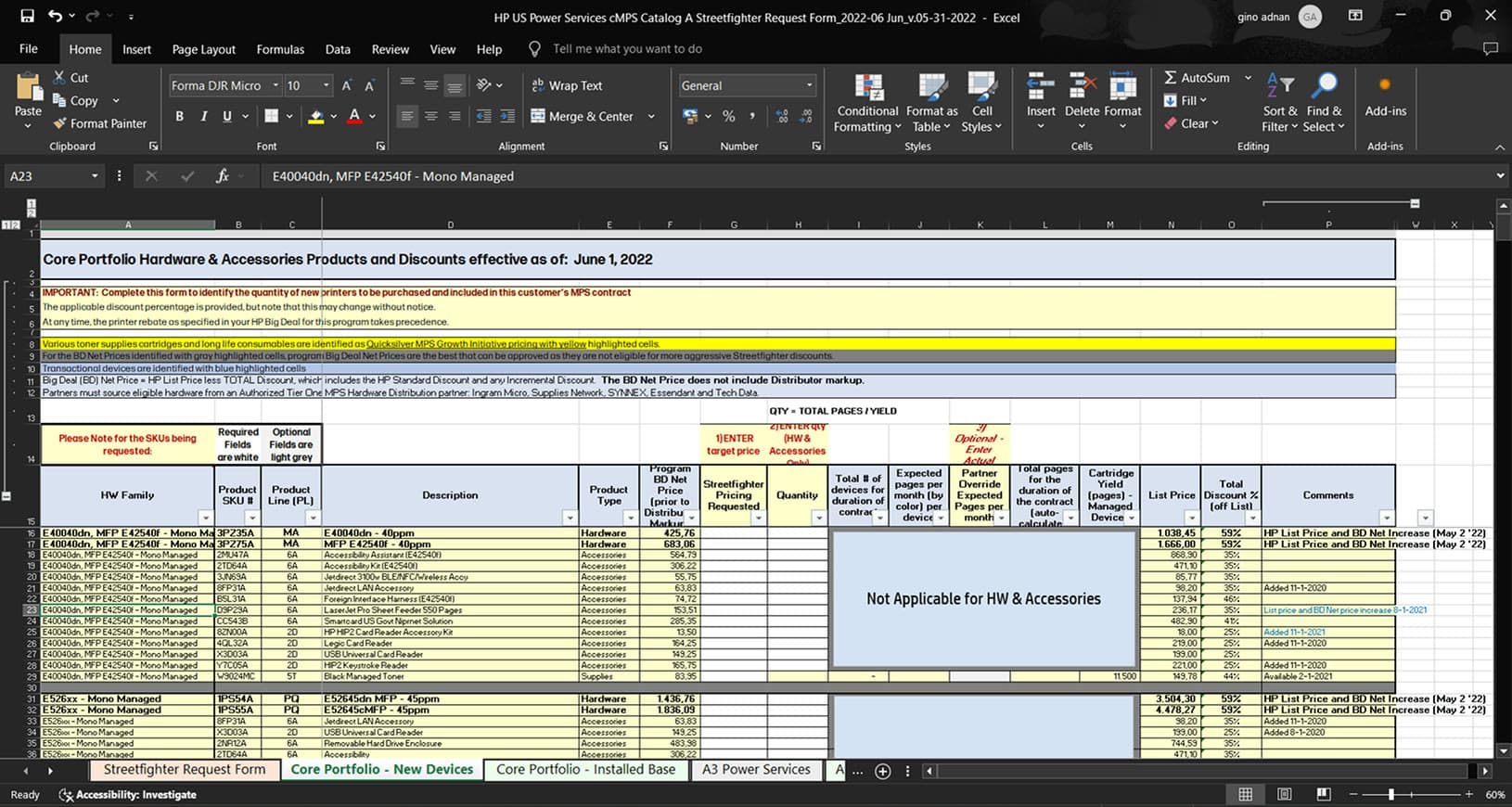 The legacy CMPS catalog, maintained by hand in Excel
