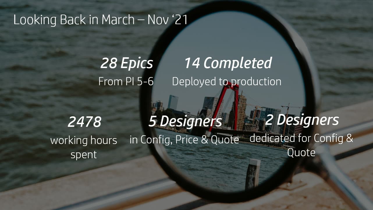 Looking back at PI 5–6: 28 epics, 14 of them deployed, five designers across Config, Price and Quote.