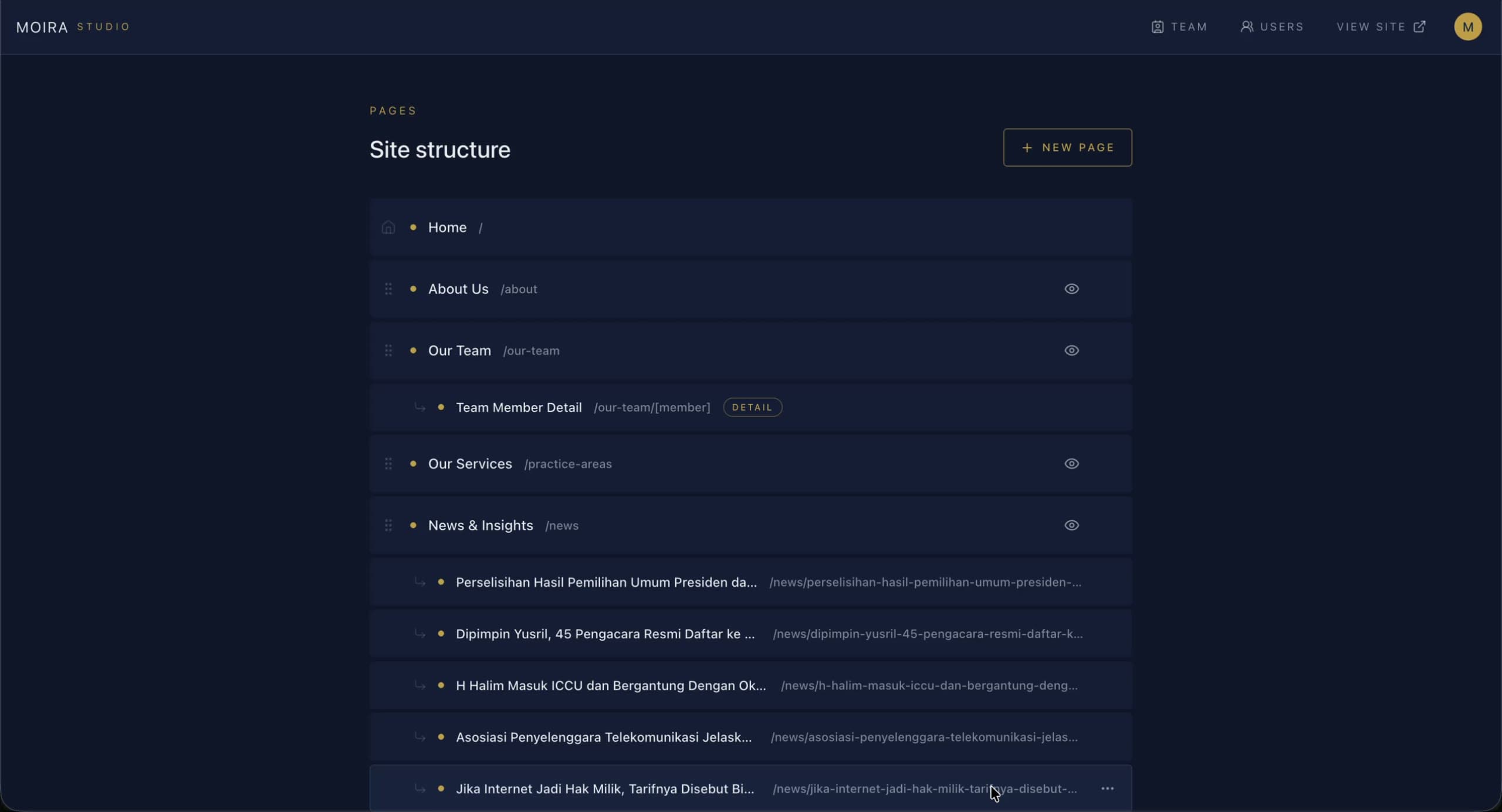 Composing a page: sections reordered, hidden, and checked at each viewport.